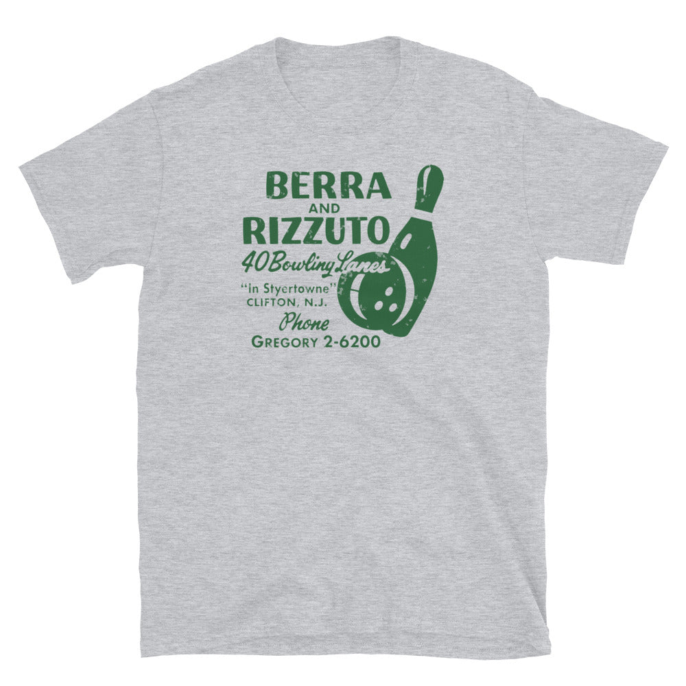 Berra and Rizzuto 40 Bowling Lanes Clifton NJ vintage t-shirt, Sport Grey, front