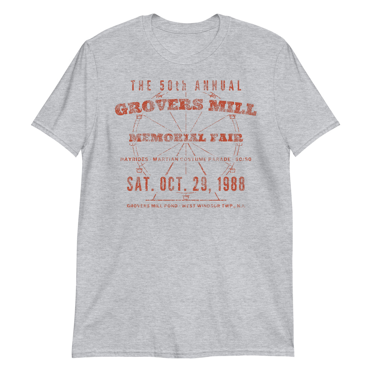 Grovers Mill Memorial Fair West Windsor NJ War of the Worlds t-shirt, Sport Grey, front