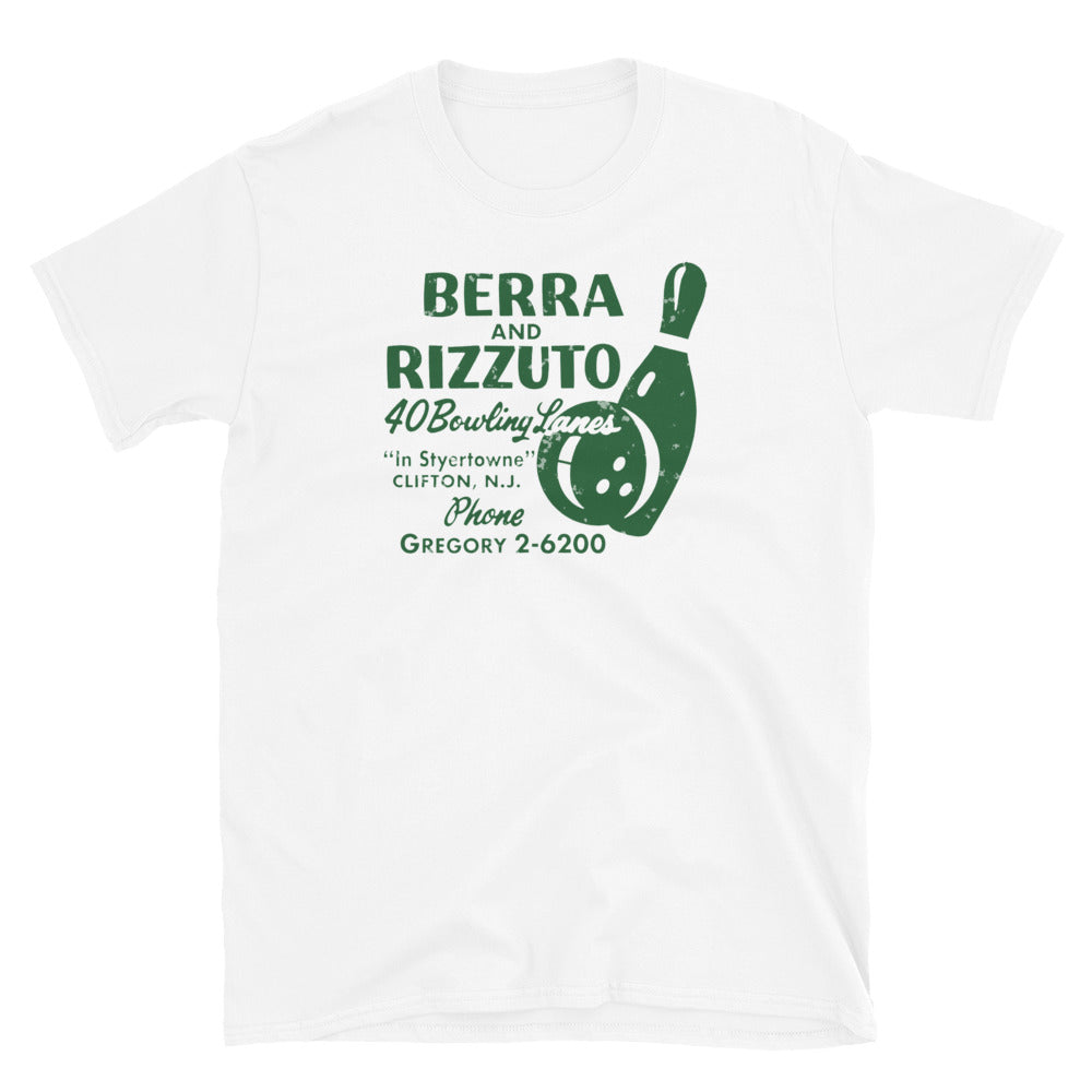 Berra and Rizzuto 40 Bowling Lanes Clifton NJ vintage t-shirt, White, front