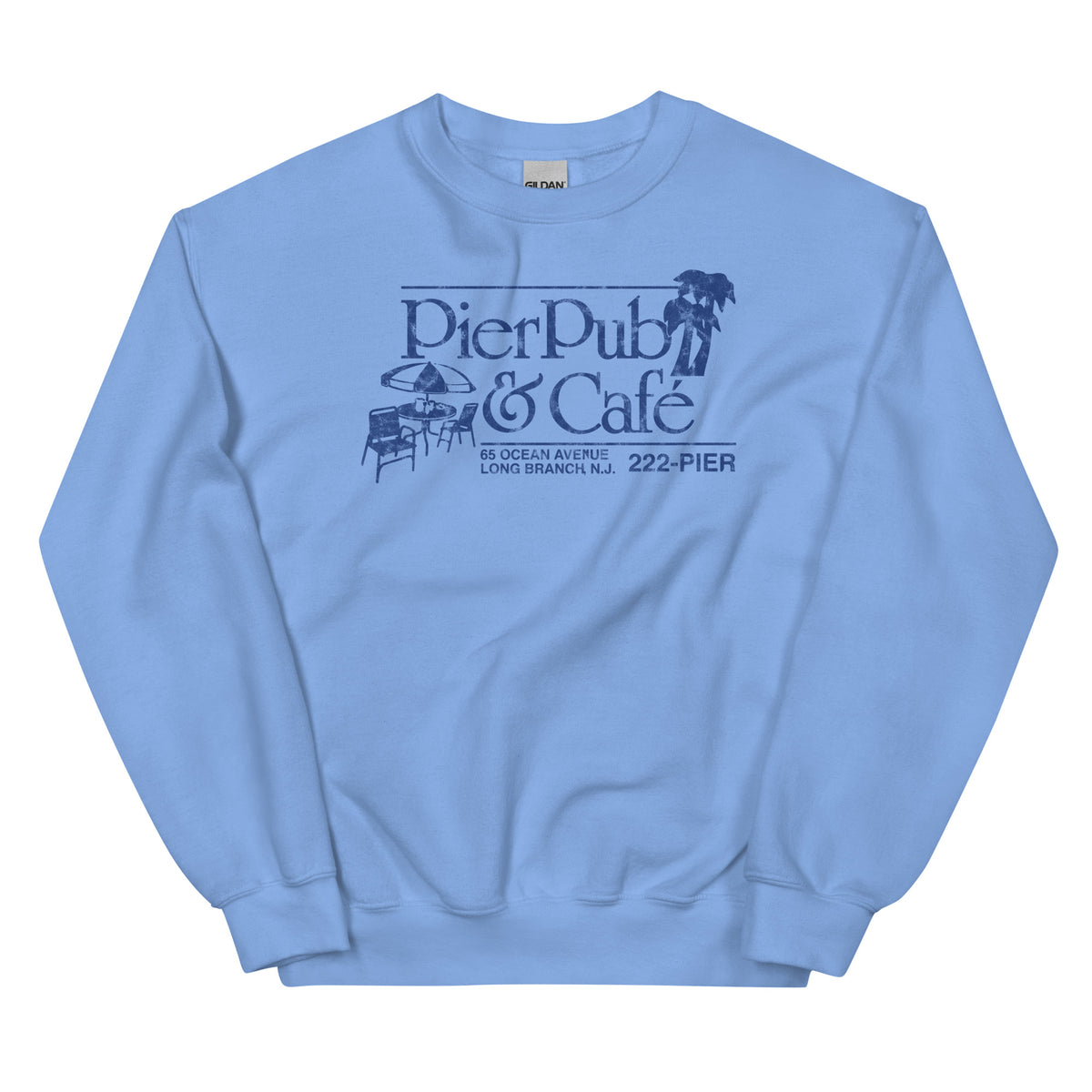 Pier Pub Long Branch NJ vintage crewneck sweatshirt, Carolina Blue, front