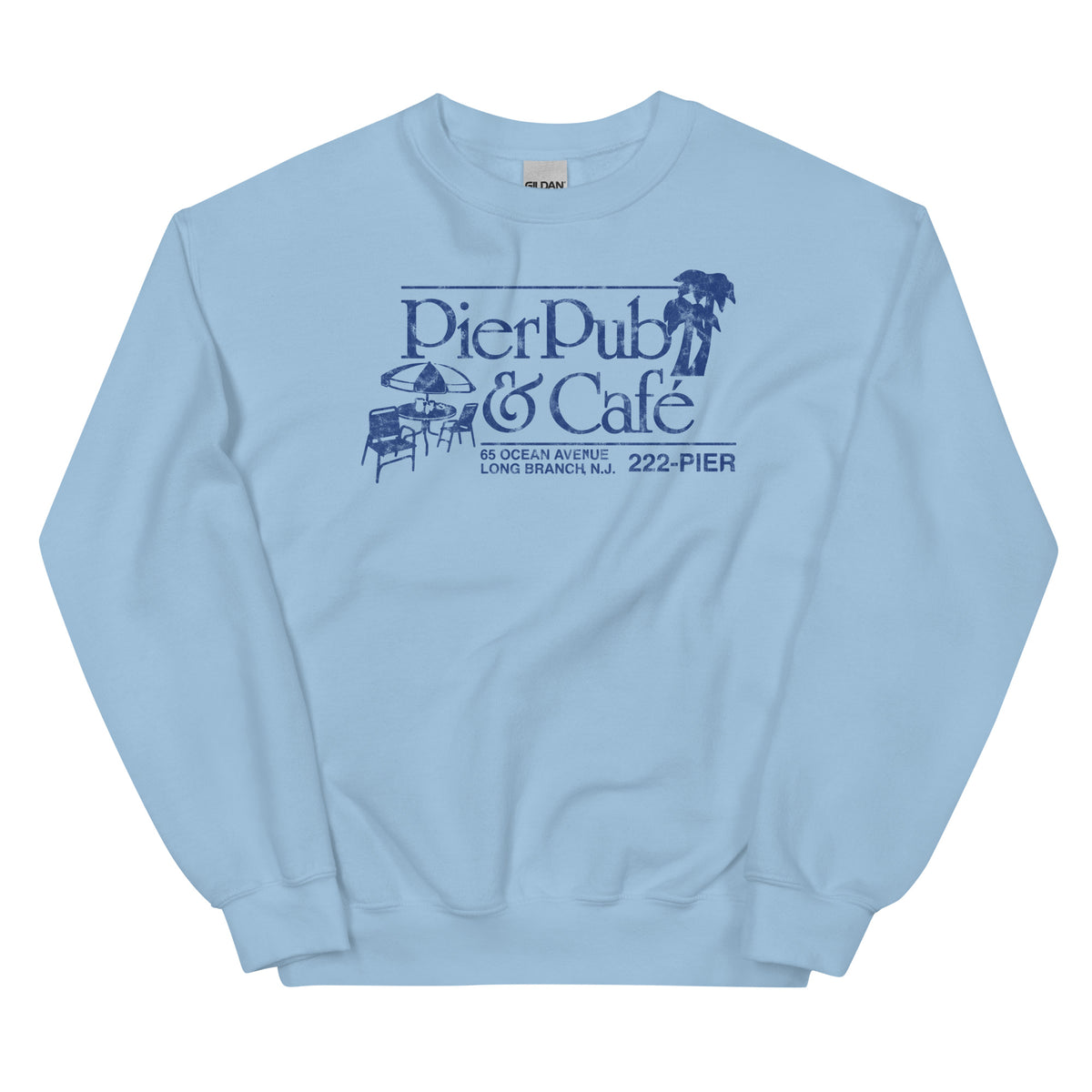 Pier Pub Long Branch NJ vintage crewneck sweatshirt, Light Blue, front