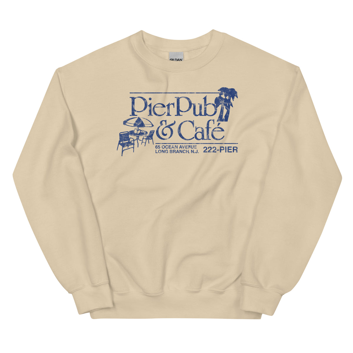 Pier Pub Long Branch NJ vintage crewneck sweatshirt, Sand, front