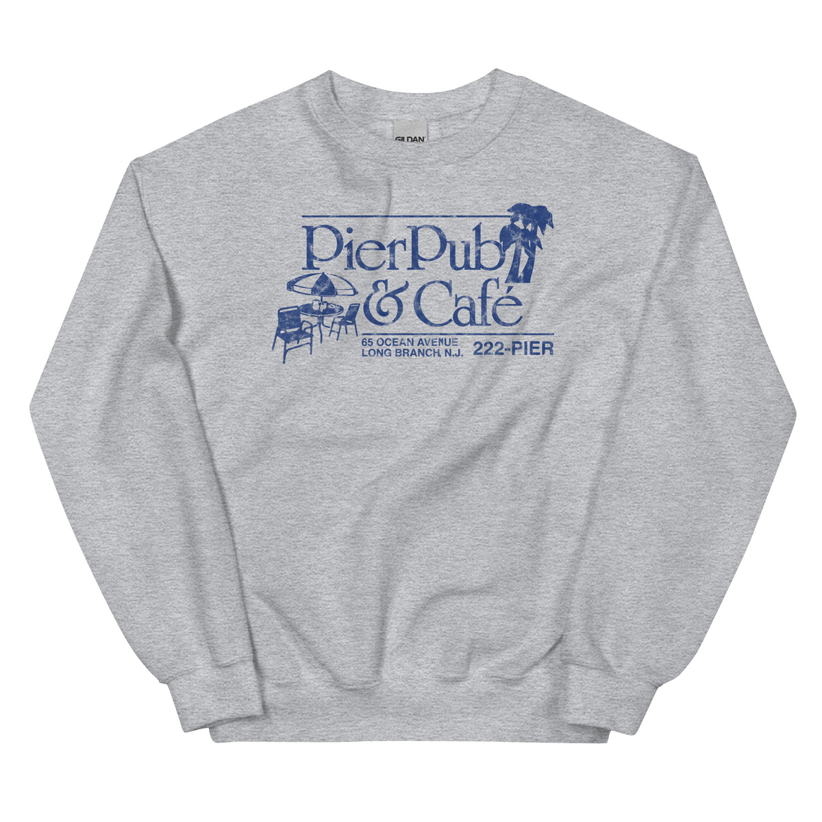 Pier Pub Long Branch NJ vintage crewneck sweatshirt, Sport Grey, front