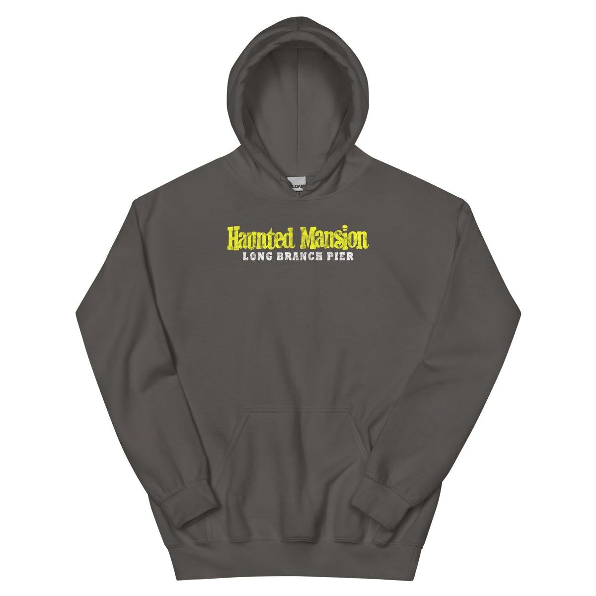 Haunted Mansion Long Branch NJ vintage hoodie, Charcoal, front