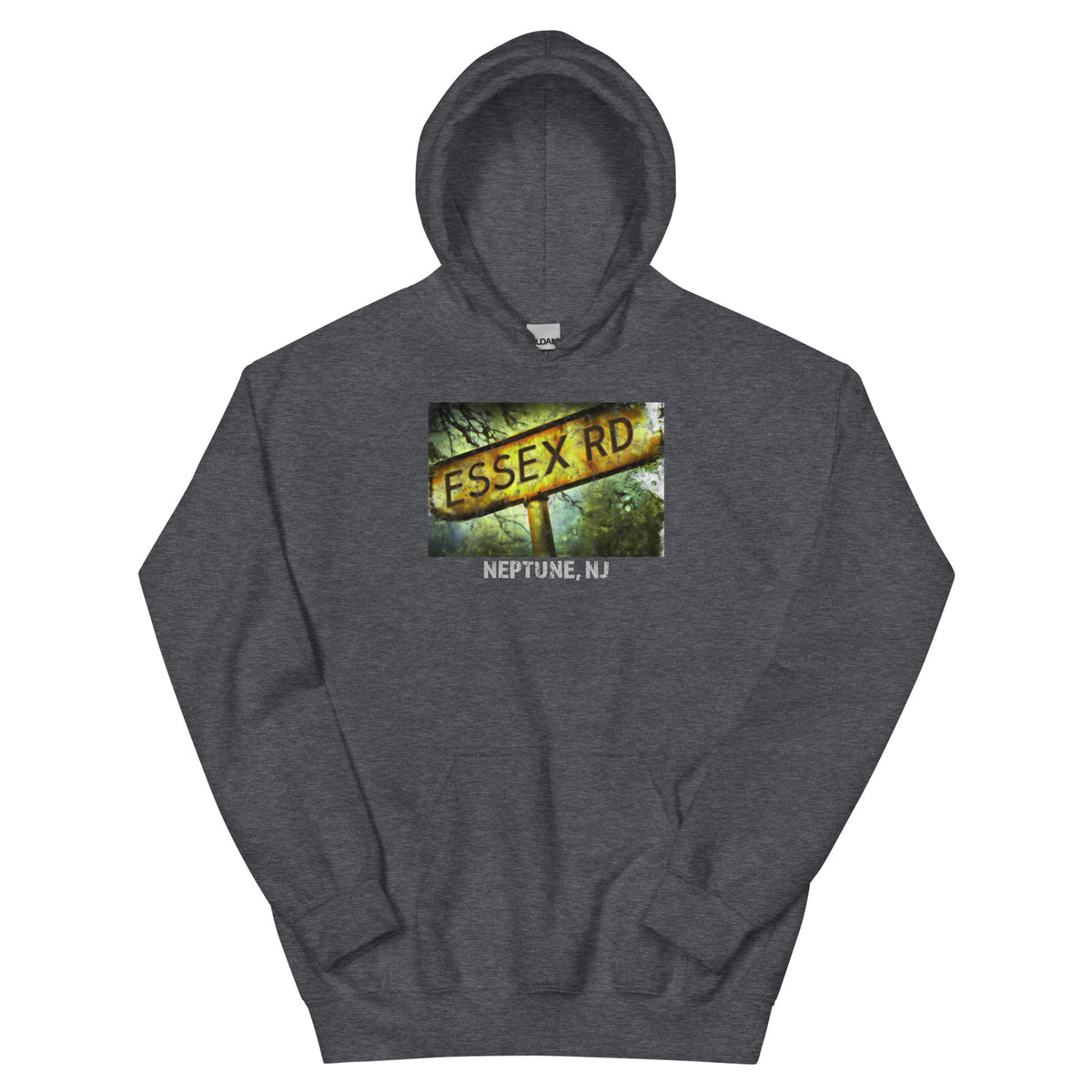 Essex Rd. Neptune NJ vintage hoodie, Dark Heather, front