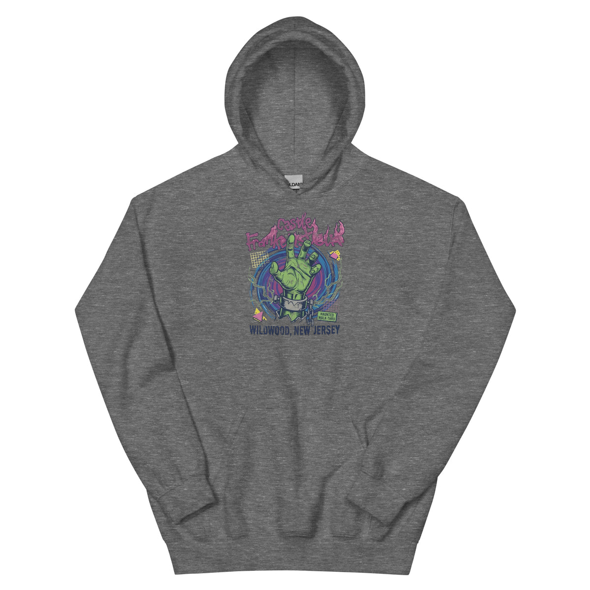 Castle Frankenstein Wildwood NJ vintage hoodie, Graphite Heather, front