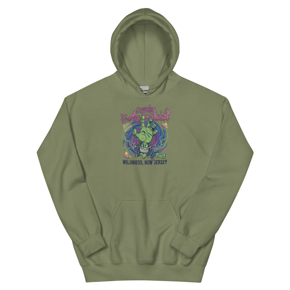 Castle Frankenstein Wildwood NJ vintage hoodie, Military Green, front