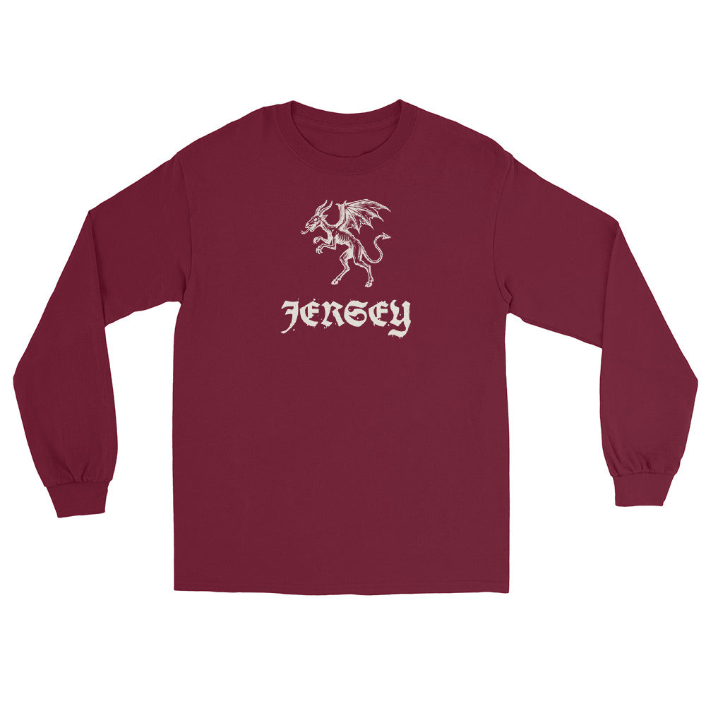 Jersey Devil Woodcut Pine Barrens vintage long sleeve shirt, Maroon, front