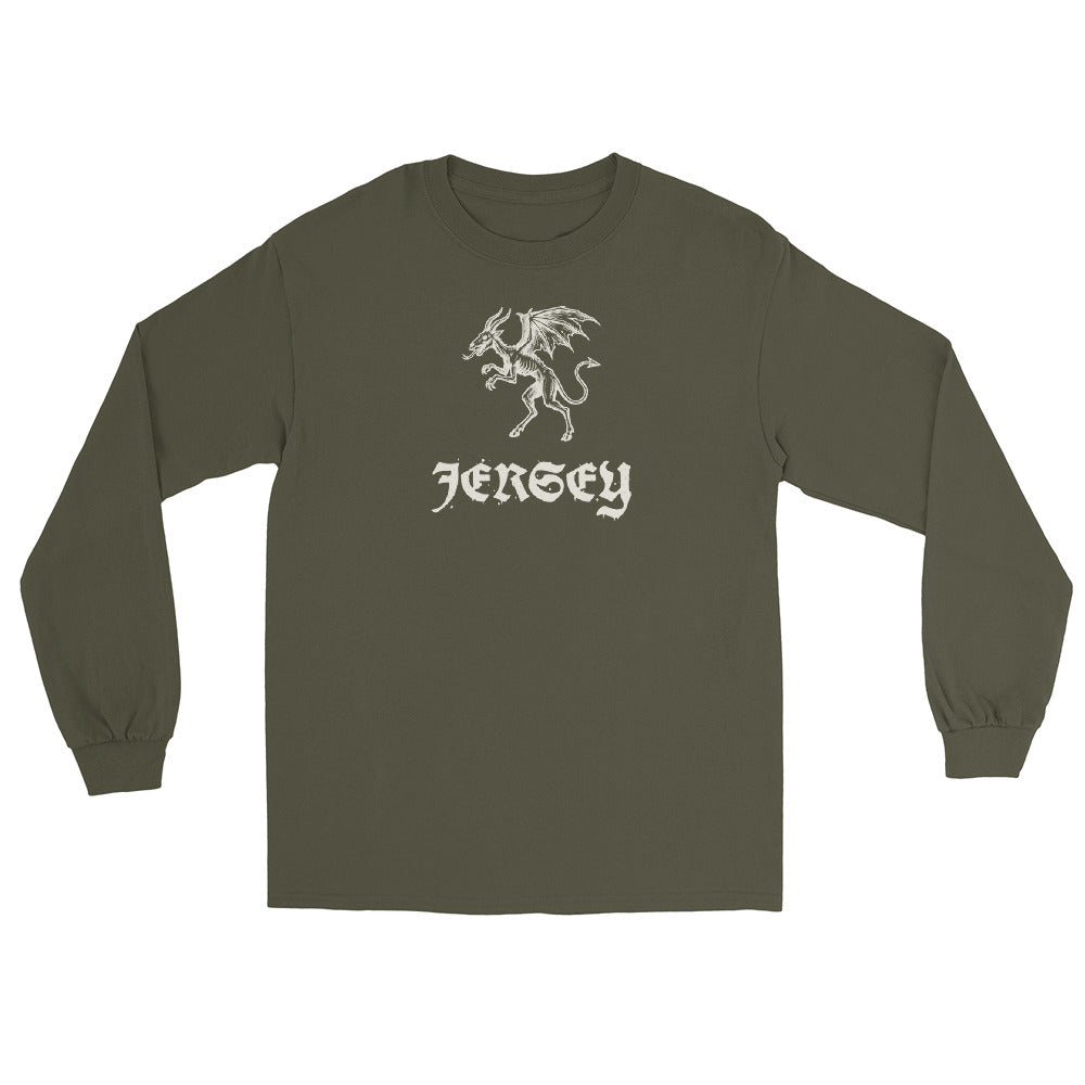 Jersey Devil Woodcut Pine Barrens vintage long sleeve shirt, Military Green, front