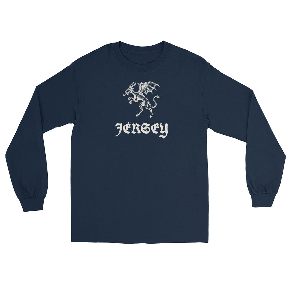 Jersey Devil Woodcut Pine Barrens vintage long sleeve shirt, Navy, front