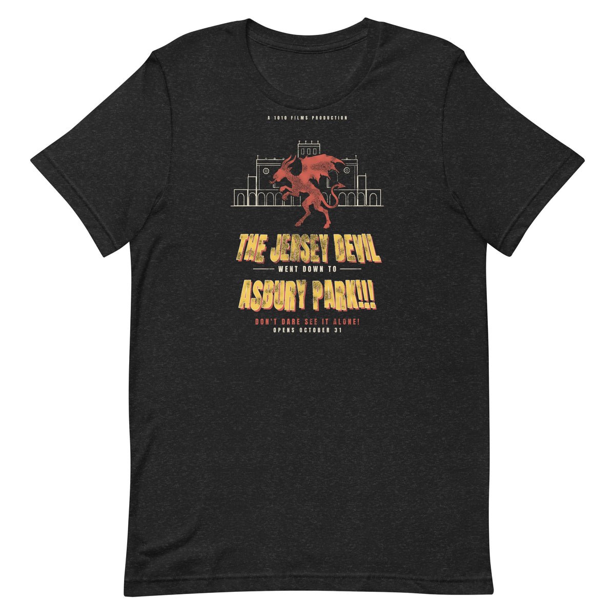 The Jersey Devil Went Down To Asbury Park 1950s monster movie t-shirt, Black Heather, front