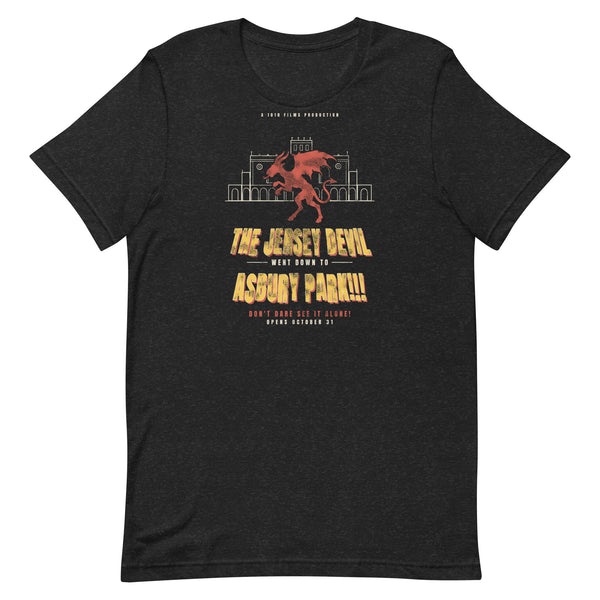 The Jersey Devil Went Down To Asbury Park 1950s monster movie t-shirt, Black Heather, front